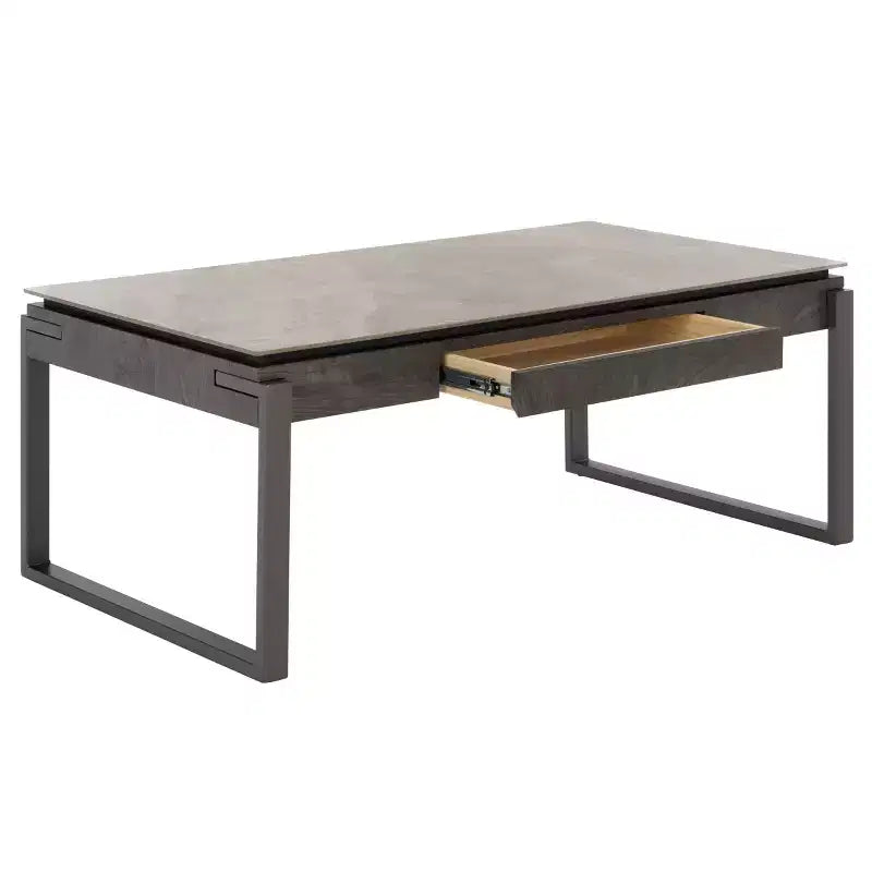Tavolino da salotto con piano in pietra, struttura in MDF e metallo e cassetto – Nero, Marrone o Grigio