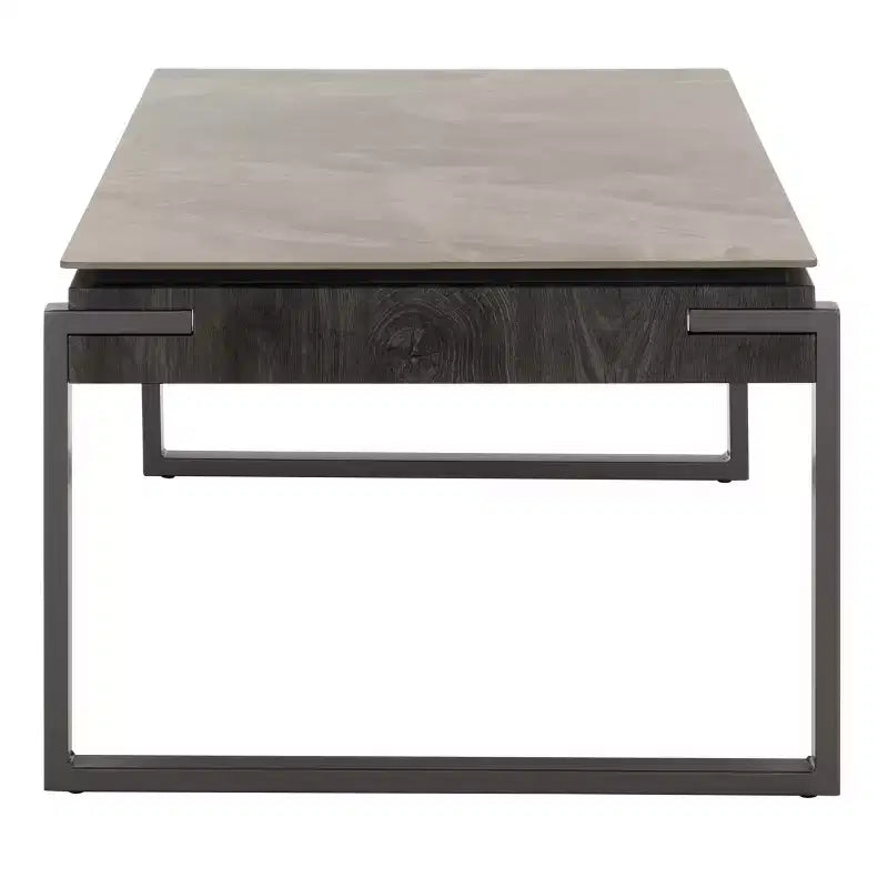 Tavolino da salotto con piano in pietra, struttura in MDF e metallo e cassetto – Nero, Marrone o Grigio