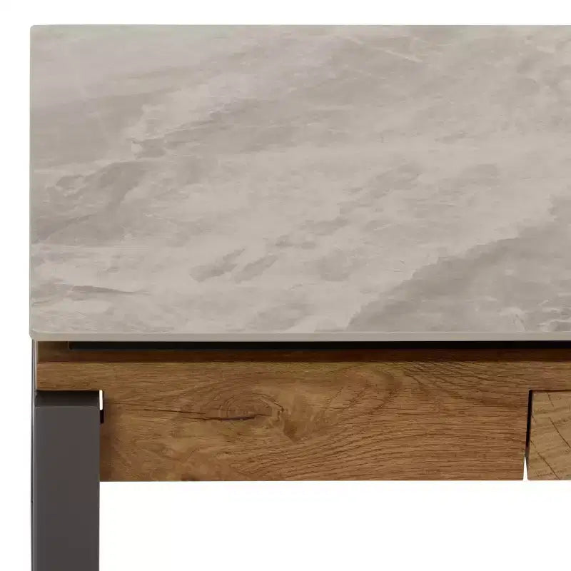Tavolino da salotto con piano in pietra, struttura in MDF e metallo e cassetto – Nero, Marrone o Grigio