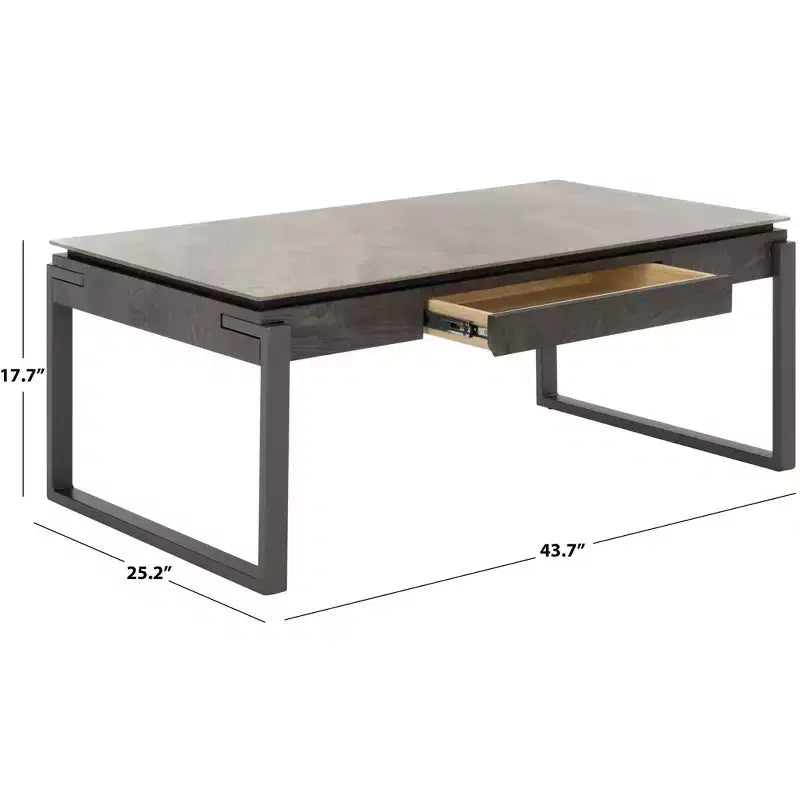 Tavolino da salotto con piano in pietra, struttura in MDF e metallo e cassetto – Nero, Marrone o Grigio