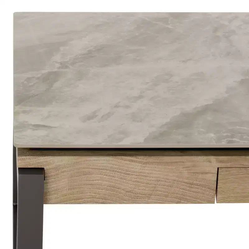 Tavolino da salotto con piano in pietra, struttura in MDF e metallo e cassetto – Nero, Marrone o Grigio
