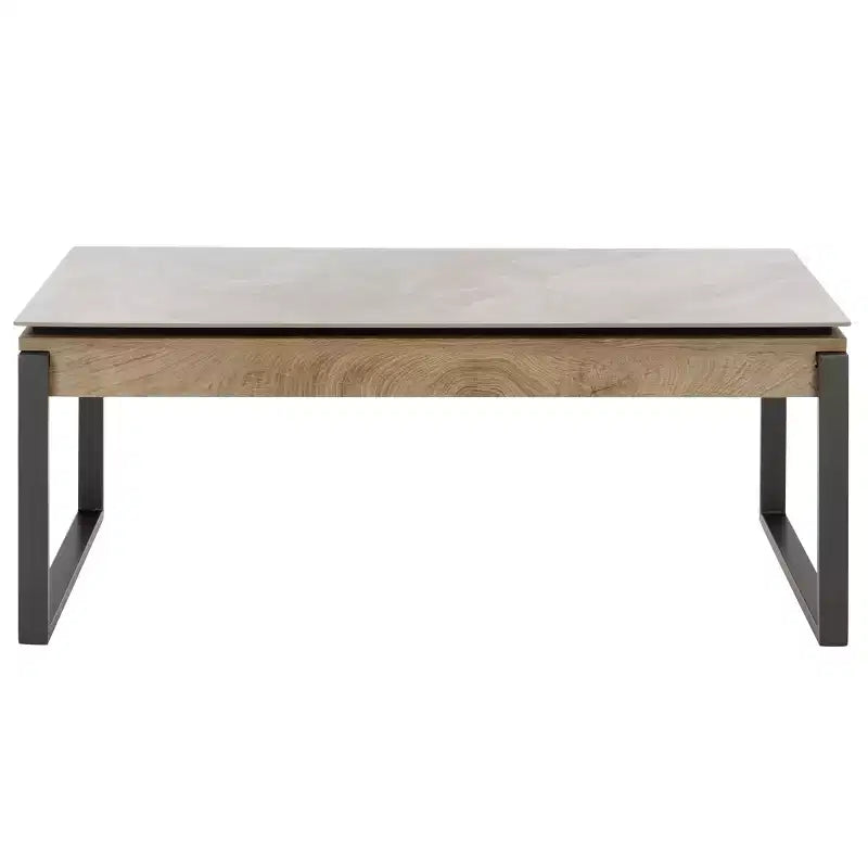 Tavolino da salotto con piano in pietra, struttura in MDF e metallo e cassetto – Nero, Marrone o Grigio