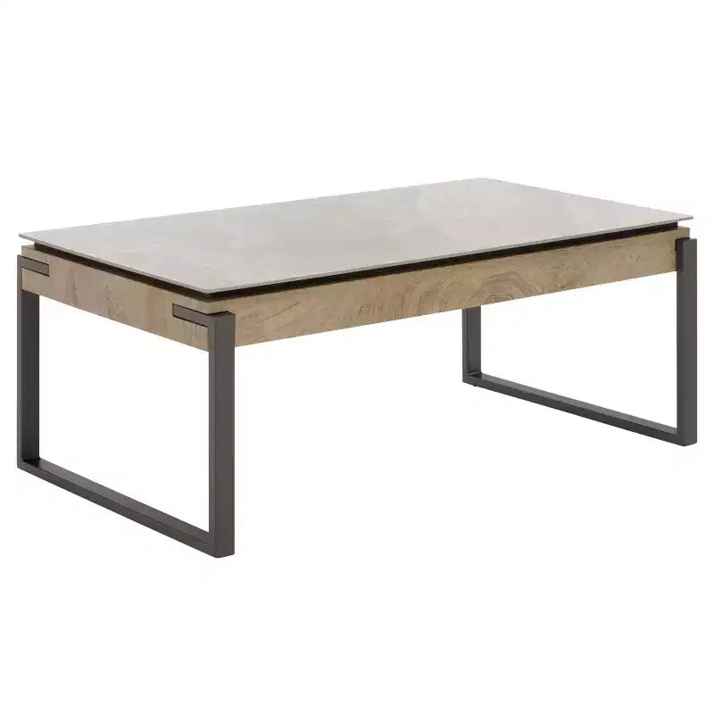 Tavolino da salotto con piano in pietra, struttura in MDF e metallo e cassetto – Nero, Marrone o Grigio