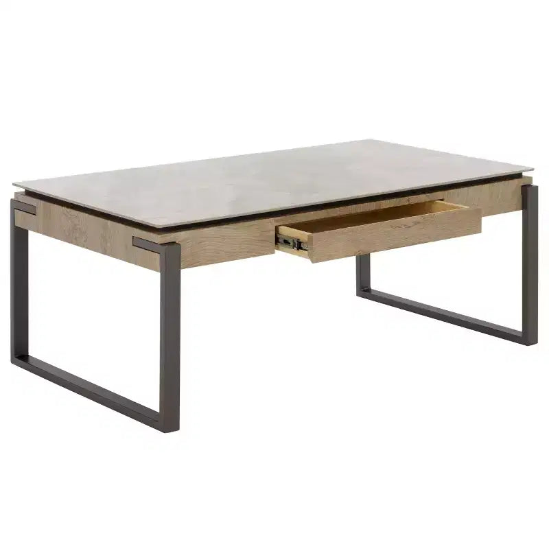 Tavolino da salotto con piano in pietra, struttura in MDF e metallo e cassetto – Nero, Marrone o Grigio