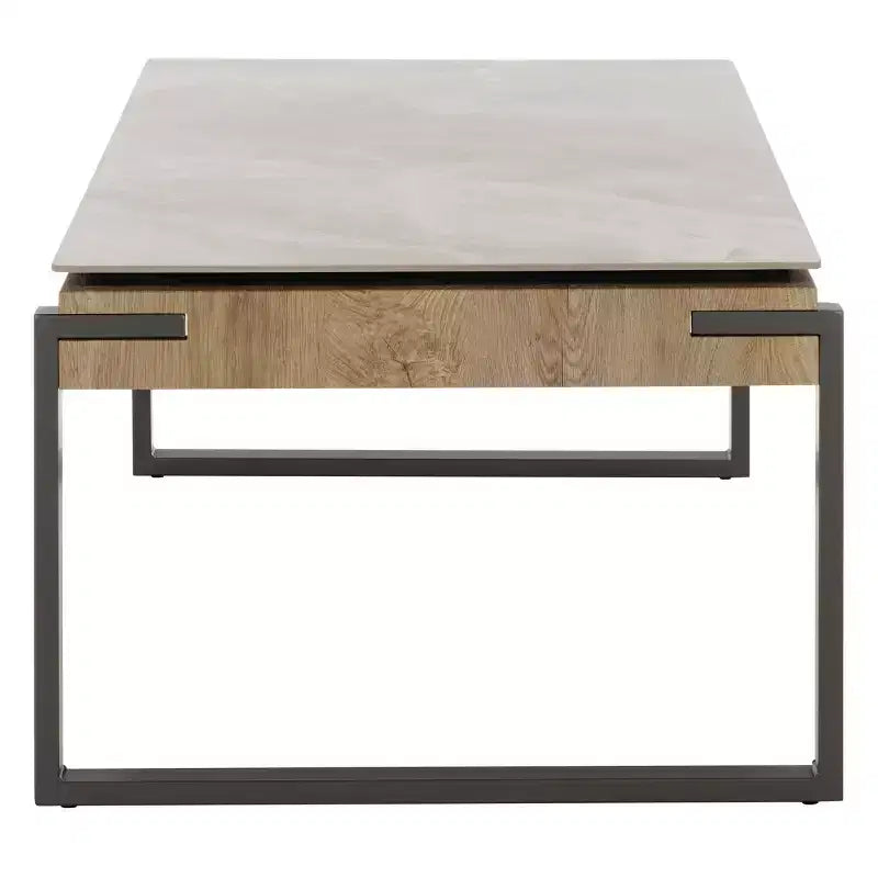 Tavolino da salotto con piano in pietra, struttura in MDF e metallo e cassetto – Nero, Marrone o Grigio
