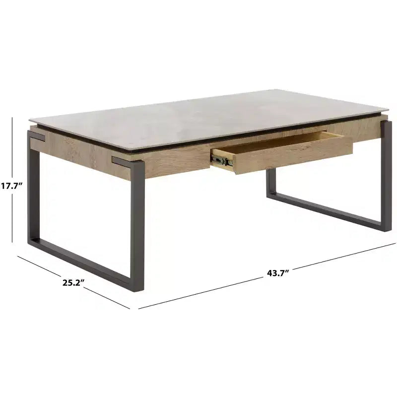 Tavolino da salotto con piano in pietra, struttura in MDF e metallo e cassetto – Nero, Marrone o Grigio
