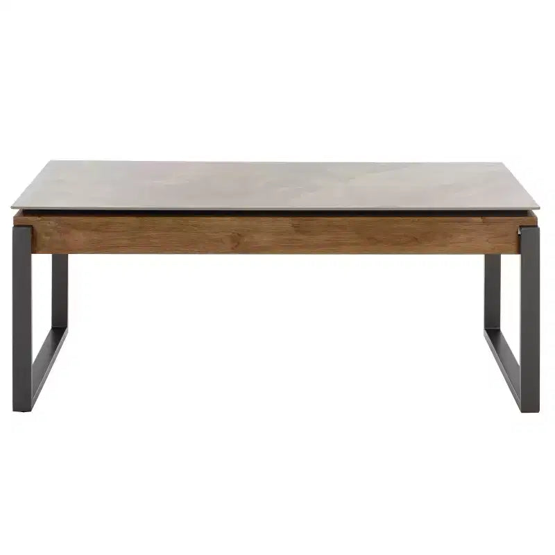 Tavolino da salotto con piano in pietra, struttura in MDF e metallo e cassetto – Nero, Marrone o Grigio