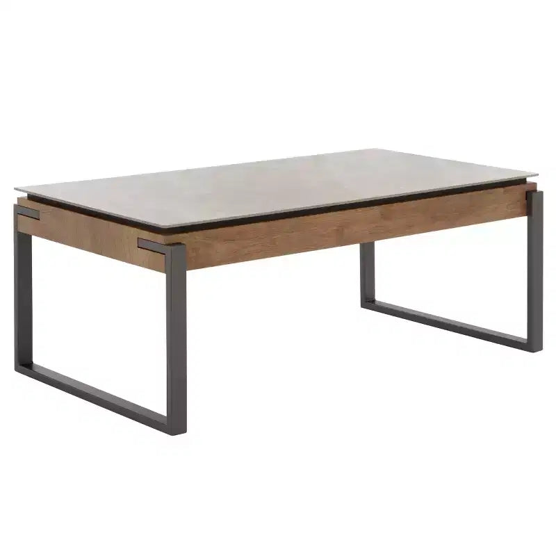 Tavolino da salotto con piano in pietra, struttura in MDF e metallo e cassetto – Nero, Marrone o Grigio