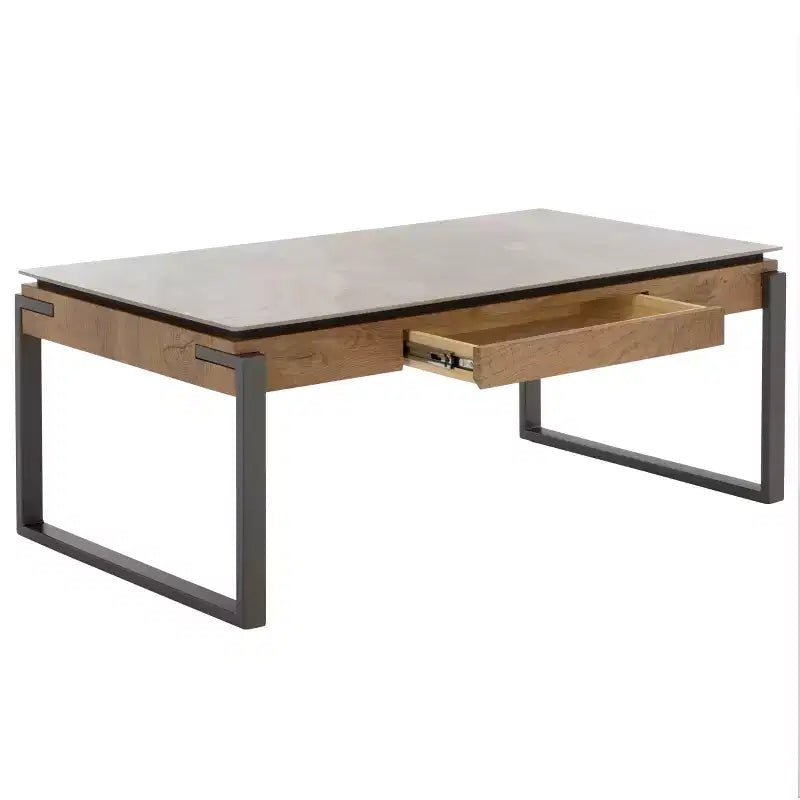 Tavolino da salotto con piano in pietra, struttura in MDF e metallo e cassetto – Nero, Marrone o Grigio