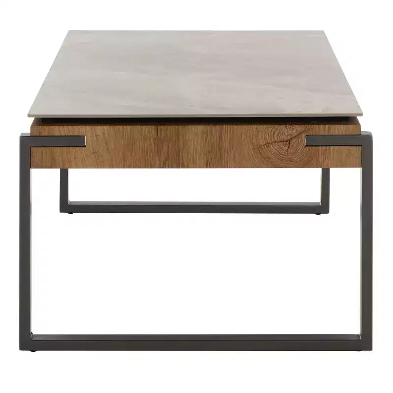 Tavolino da salotto con piano in pietra, struttura in MDF e metallo e cassetto – Nero, Marrone o Grigio