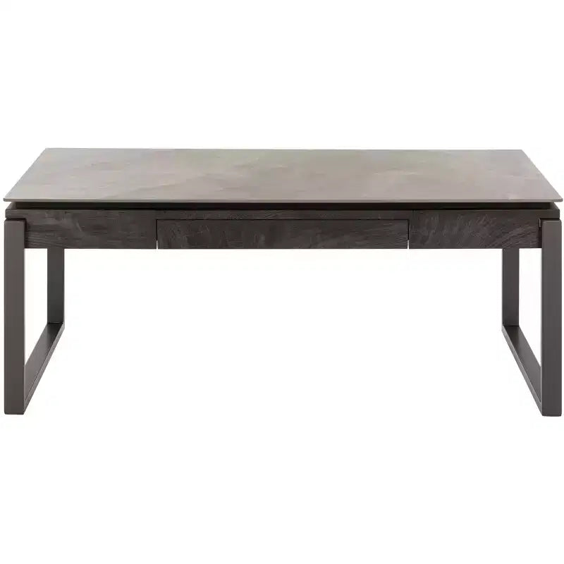 Tavolino da salotto con piano in pietra, struttura in MDF e metallo e cassetto – Nero, Marrone o Grigio
