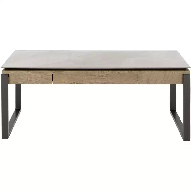 Tavolino da salotto con piano in pietra, struttura in MDF e metallo e cassetto – Nero, Marrone o Grigio