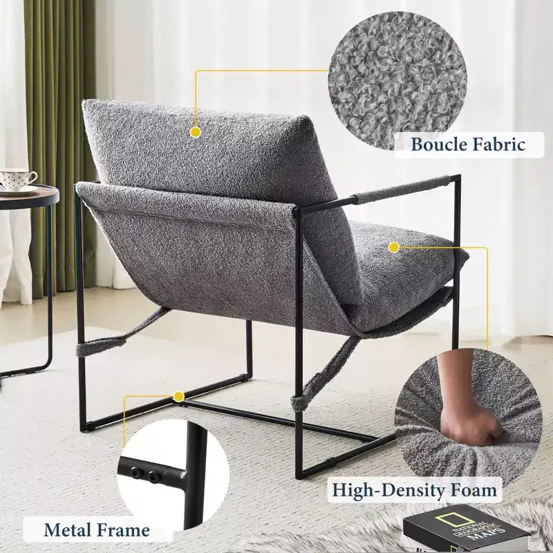 Poltrona Sling – Rivestimento in tessuto Bouclé con struttura in metallo per soggiorno e camera da letto