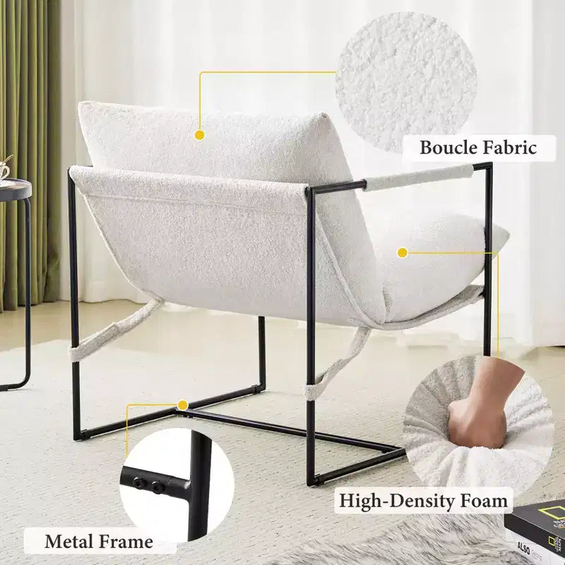 Poltrona Sling – Rivestimento in tessuto Bouclé con struttura in metallo per soggiorno e camera da letto