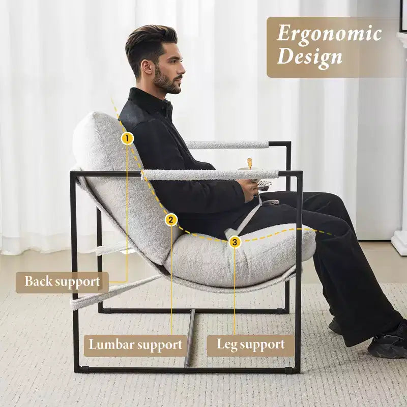 Poltrona Sling – Rivestimento in tessuto Bouclé con struttura in metallo per soggiorno e camera da letto