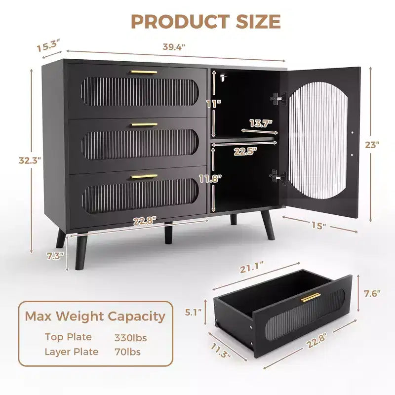 Credenza Nera con Ante Scorrevoli in Vetro Scanalato e 3 Cassetti – Capacità 136 kg