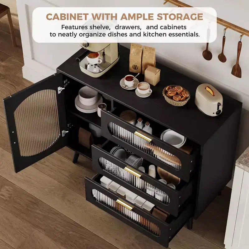 Credenza Nera con Ante Scorrevoli in Vetro Scanalato e 3 Cassetti – Capacità 136 kg