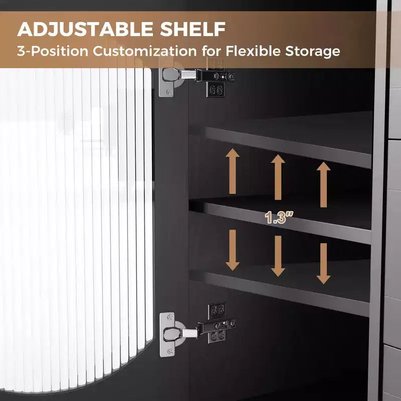 Credenza Nera con Ante Scorrevoli in Vetro Scanalato e 3 Cassetti – Capacità 136 kg