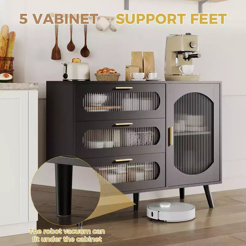 Credenza Nera con Ante Scorrevoli in Vetro Scanalato e 3 Cassetti – Capacità 136 kg