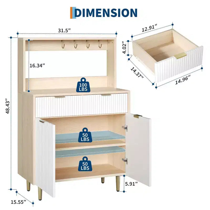 Mobile Credenza con Scanalature – Mobile Bar con 2 Cassetti, Ripiani Regolabili e Pannello Ondulato