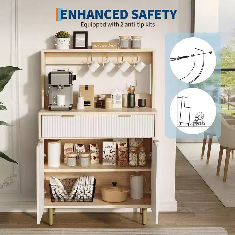 Mobile Credenza con Scanalature – Mobile Bar con 2 Cassetti, Ripiani Regolabili e Pannello Ondulato