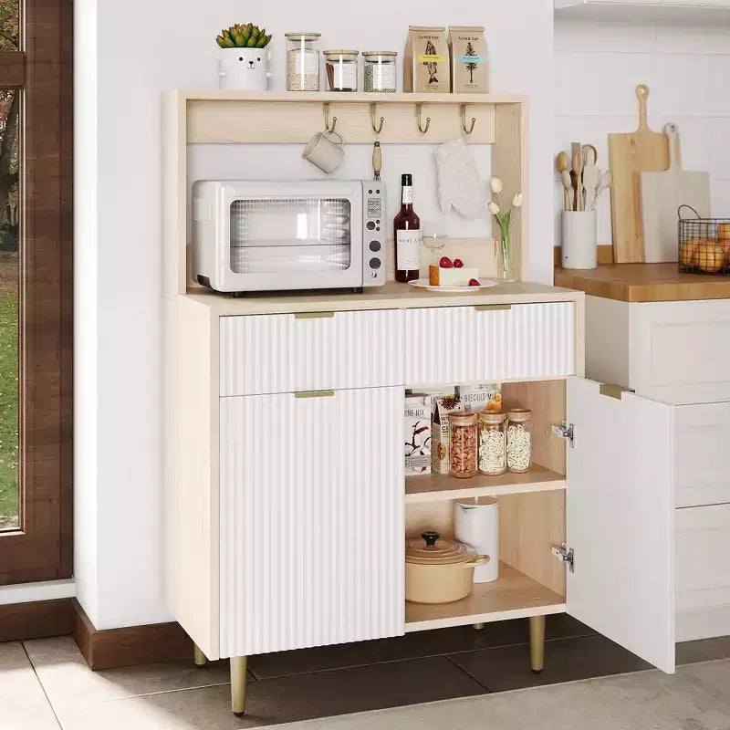 Mobile Credenza con Scanalature – Mobile Bar con 2 Cassetti, Ripiani Regolabili e Pannello Ondulato