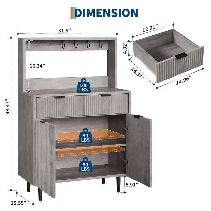 Mobile Credenza con Scanalature – Mobile Bar con 2 Cassetti, Ripiani Regolabili e Pannello Ondulato