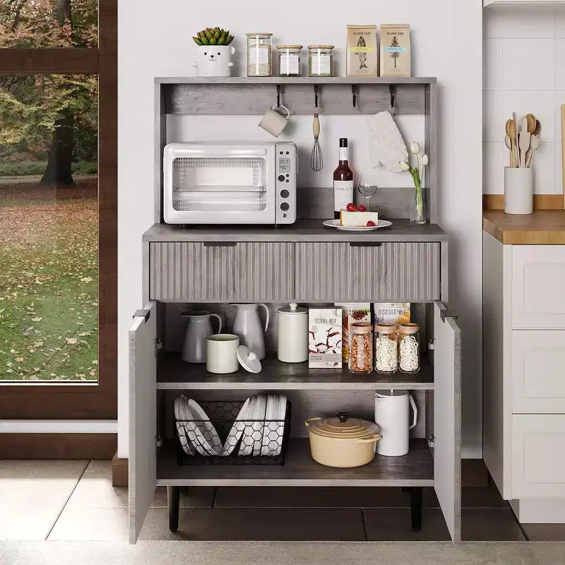 Mobile Credenza con Scanalature – Mobile Bar con 2 Cassetti, Ripiani Regolabili e Pannello Ondulato