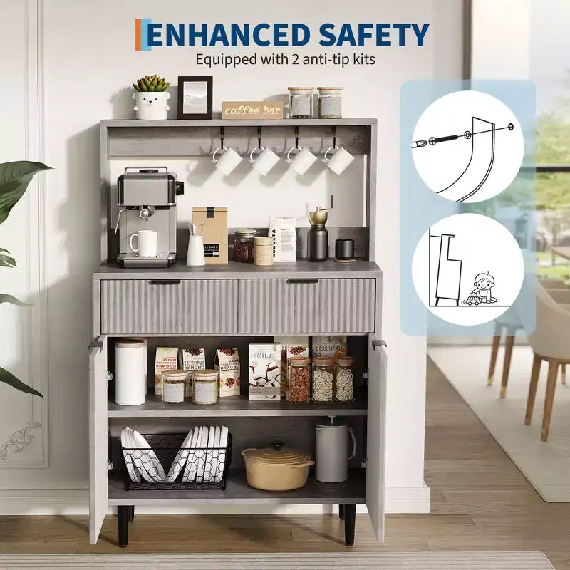 Mobile Credenza con Scanalature – Mobile Bar con 2 Cassetti, Ripiani Regolabili e Pannello Ondulato