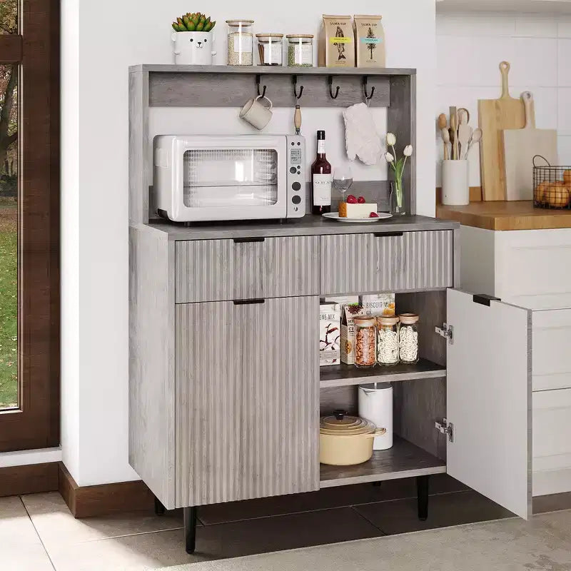 Mobile Credenza con Scanalature – Mobile Bar con 2 Cassetti, Ripiani Regolabili e Pannello Ondulato