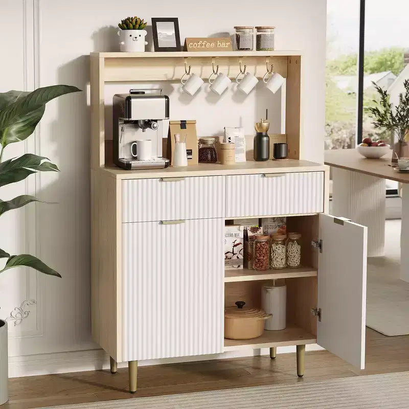 Mobile Credenza con Scanalature – Mobile Bar con 2 Cassetti, Ripiani Regolabili e Pannello Ondulato