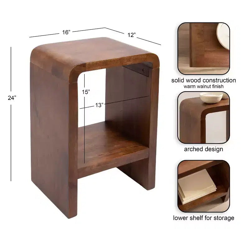 Tavolino d'appoggio – Legno massello di mango, 2 ripiani, marrone noce | 40x30x60 cm