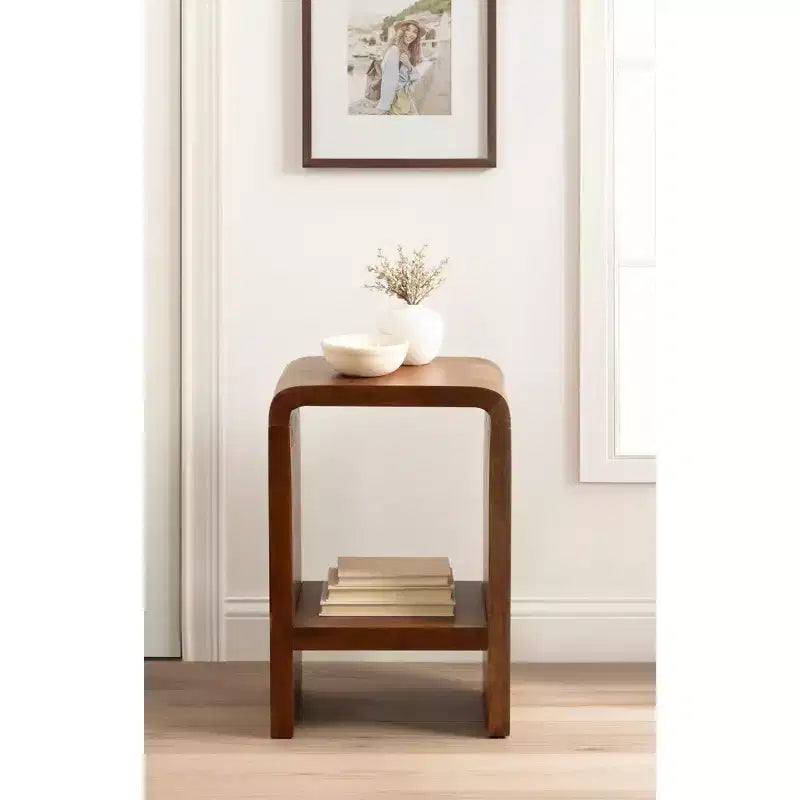 Tavolino d'appoggio – Legno massello di mango, 2 ripiani, marrone noce | 40x30x60 cm