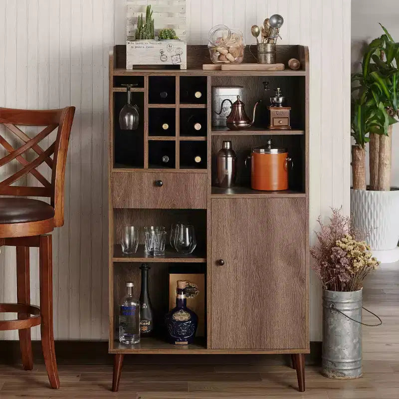 Mobile Bar Mid-Century – Mobile Bar da Vino in Noce Anticorrosione con 8 Ripiani e Cassetto