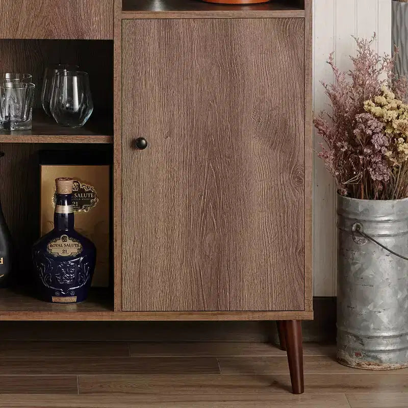 Mobile Bar Mid-Century – Mobile Bar da Vino in Noce Anticorrosione con 8 Ripiani e Cassetto