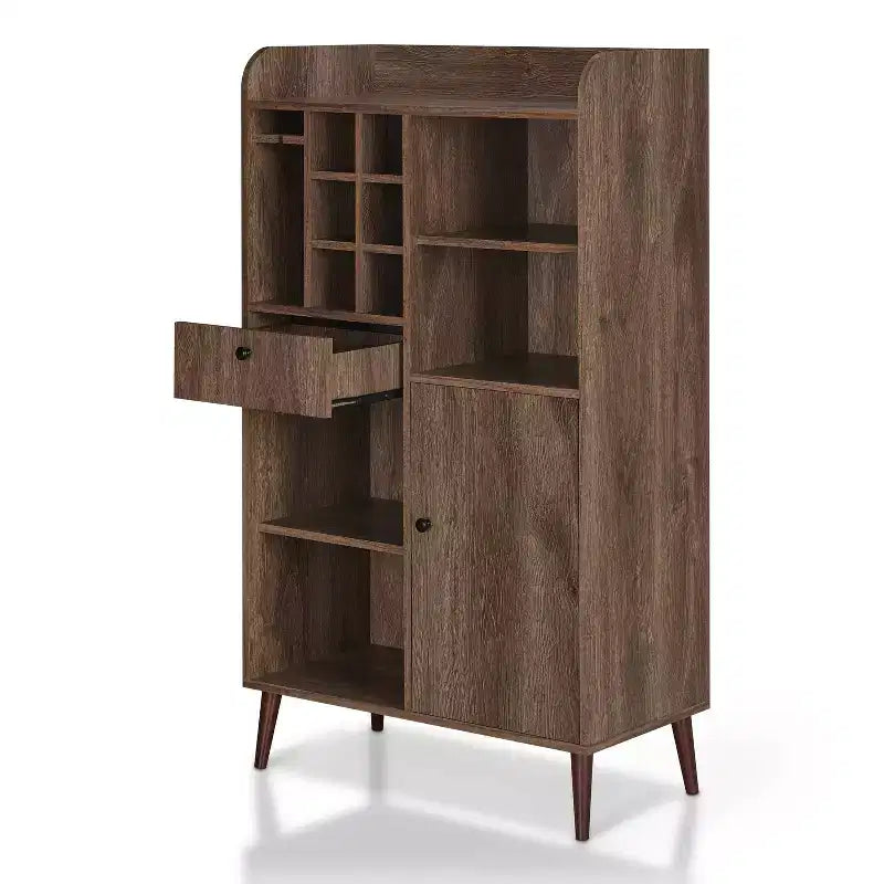 Mobile Bar Mid-Century – Mobile Bar da Vino in Noce Anticorrosione con 8 Ripiani e Cassetto