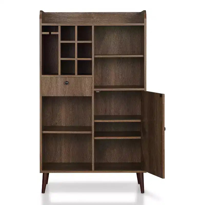 Mobile Bar Mid-Century – Mobile Bar da Vino in Noce Anticorrosione con 8 Ripiani e Cassetto