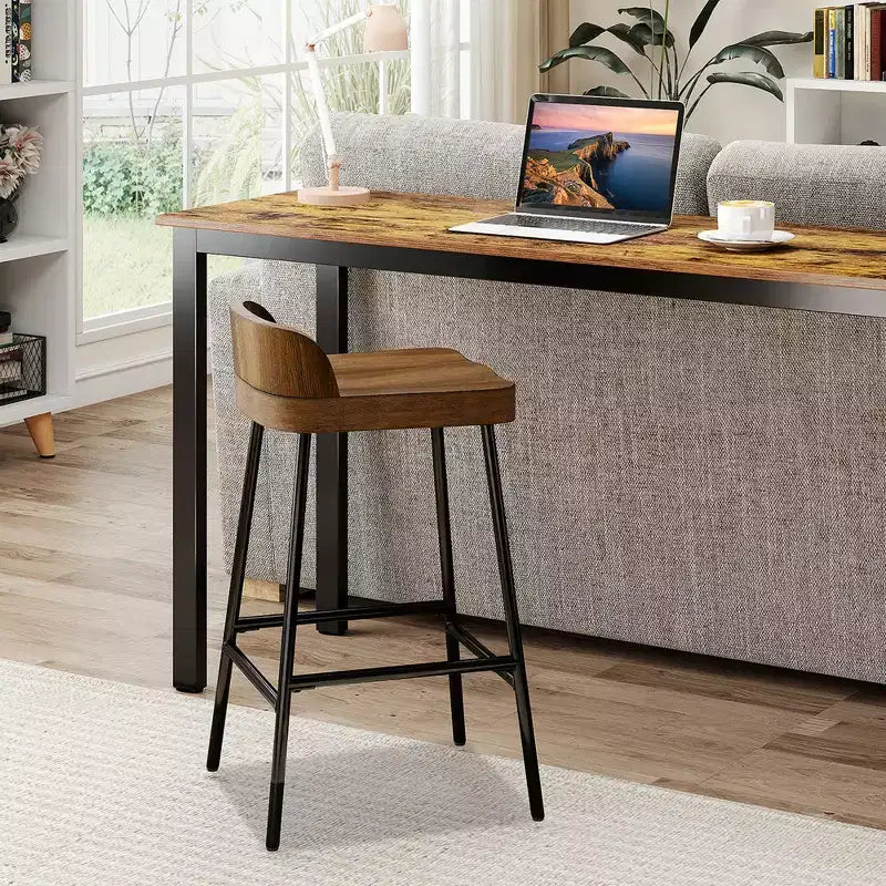 Sgabello da bar industriale con schienale basso – Marrone Rustico e Nero, altezza seduta 62,2 cm