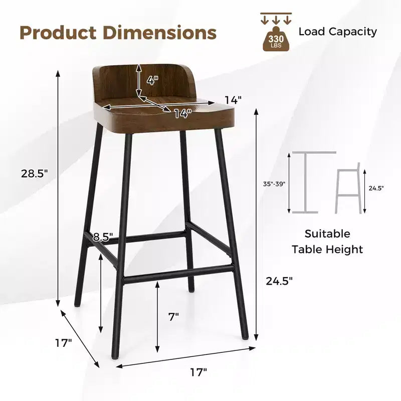 Sgabello da bar industriale con schienale basso – Marrone Rustico e Nero, altezza seduta 62,2 cm
