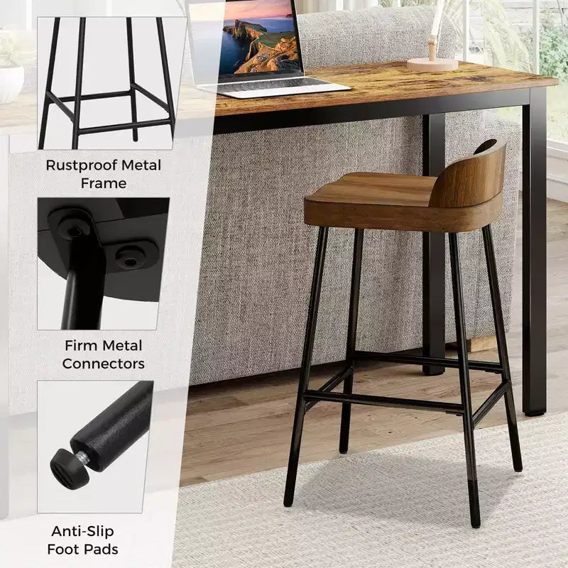 Sgabello da bar industriale con schienale basso – Marrone Rustico e Nero, altezza seduta 62,2 cm