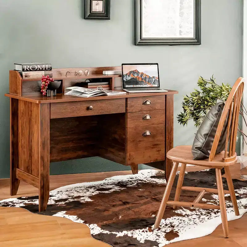 Scrivania vintage da 48" con 4 cassetti, supporto per monitor e gestione cavi - Marrone rustico