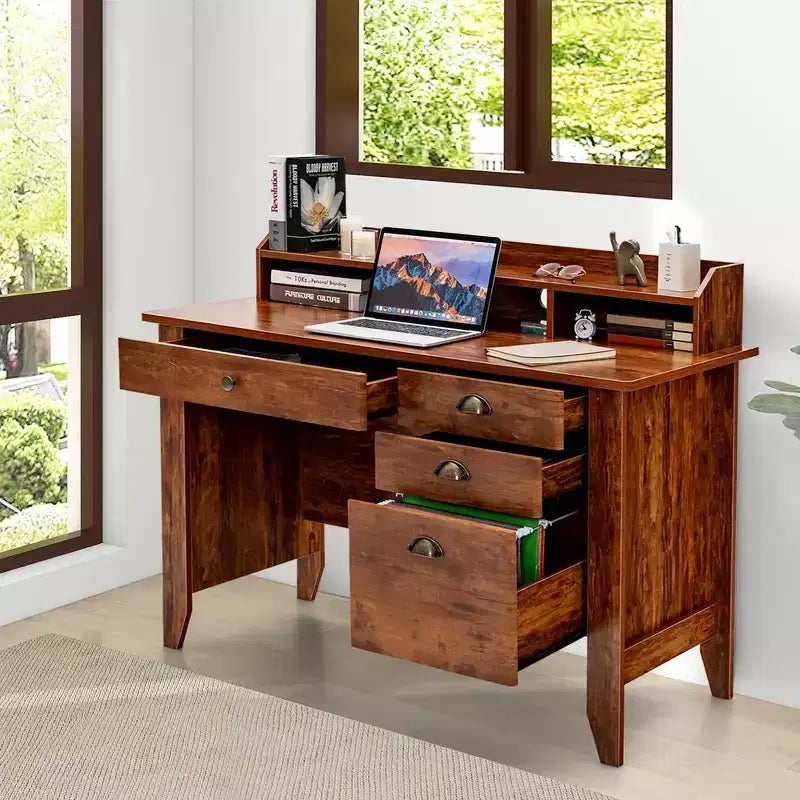 Scrivania vintage da 48" con 4 cassetti, supporto per monitor e gestione cavi - Marrone rustico