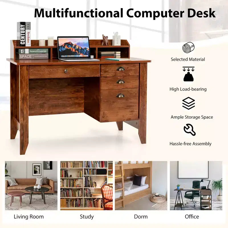 Scrivania vintage da 48" con 4 cassetti, supporto per monitor e gestione cavi - Marrone rustico