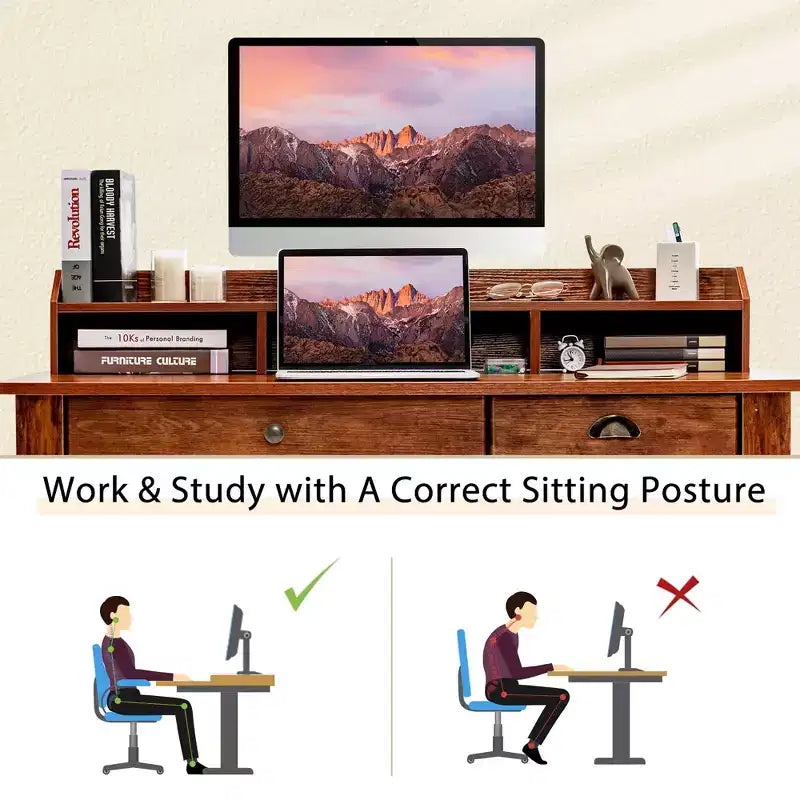 Scrivania vintage da 48" con 4 cassetti, supporto per monitor e gestione cavi - Marrone rustico